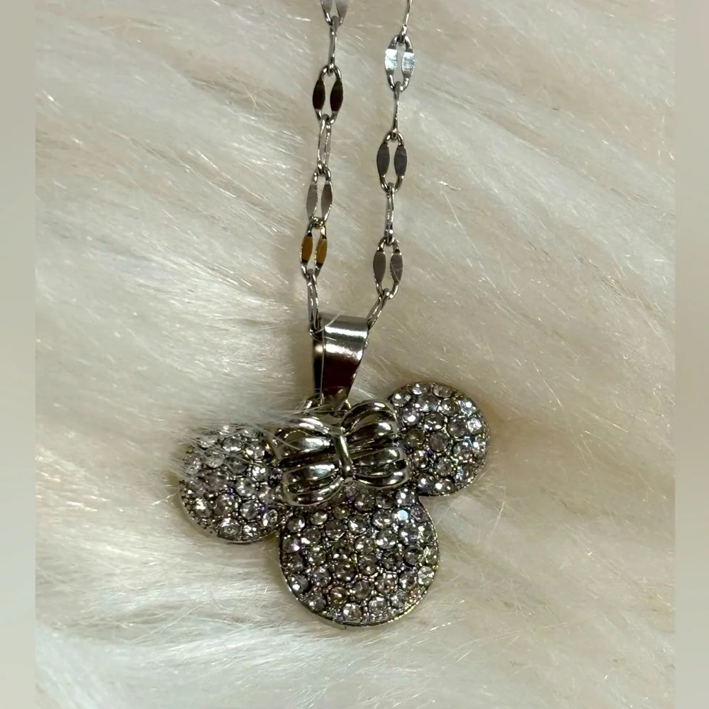 Titanium Silver Disney Minnie Mouse Cubic Zirconia Pendant Necklace Child